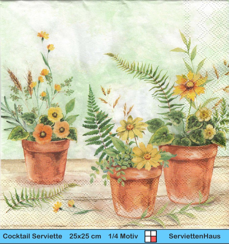 Kleine Blumentöpfe mit Frühlingsblumen - 1 Cocktail Serviette
